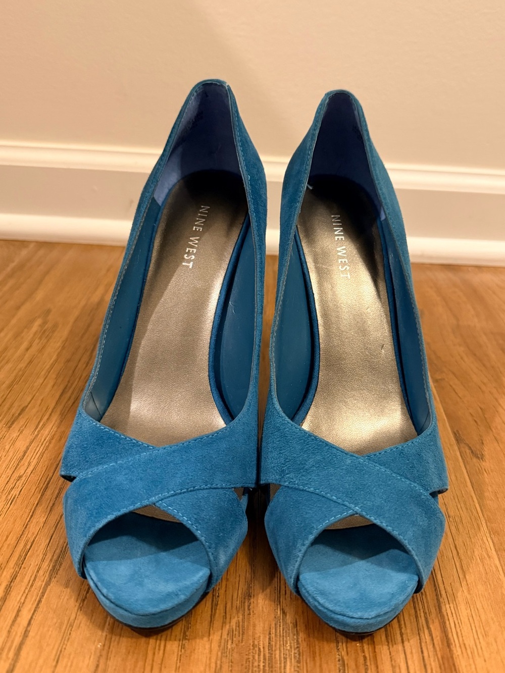 Nine West Teal Suede Peep-Toe Pumps